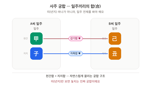 사주 궁합 비교 — 두 사람의 일주에서 천간합(갑기합)과 지지합(자축합)이 동시에 성립하는 예시