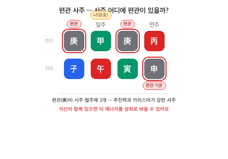 편관이 있는 사주 원국 예시 — 시주·월주 천간에 편관(庚) 2개
